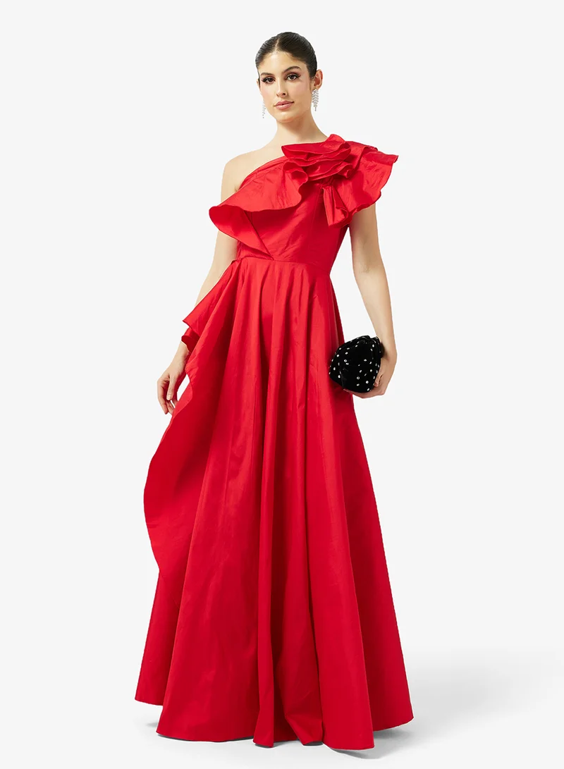 Namshi x One Shoulder Evening Gown With Exaggerated Ruffles